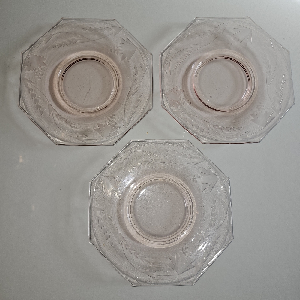 Vintage Pink Depression Glass salad plates. Etched wheat pattern. Set of 3.